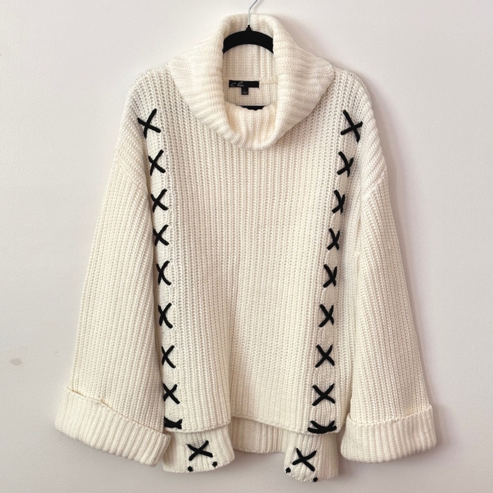 C Luce Womens Sweater L Ivory Black Oversized Chunky Knit Boho Scandi Edgy Hygge